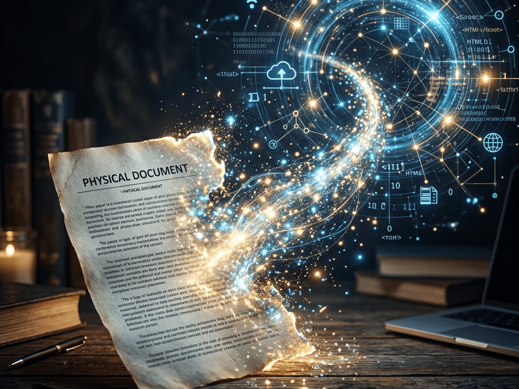 Physical document transforming into a glowing digital network