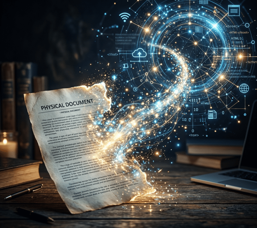 Physical document transforming into a glowing digital network